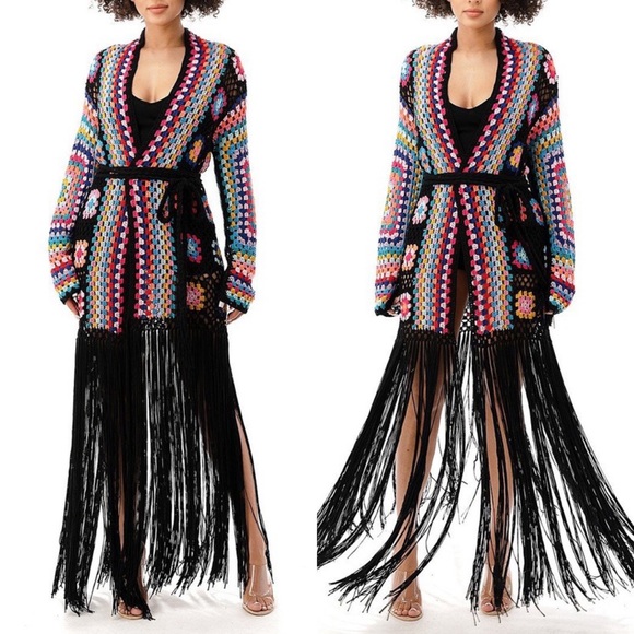 Out Of Office Black Granny Square Fringe Crochet Cardigan - Picture 5 of 8